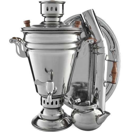 Самовар на дровах из нержавейки 5 литров формы «Конус» в наборе из 4 предметов (труба в подарок)
