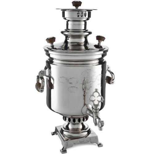 Самовар антикварный на дровах 7 л.формы «Банка» Я.Е.Лозинский прием.Баташева с медалями, серебристый