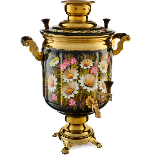 Самовар электрический 10 л. с художественной росписью «Ромашки с клевером на чёрном» формы «Банка»