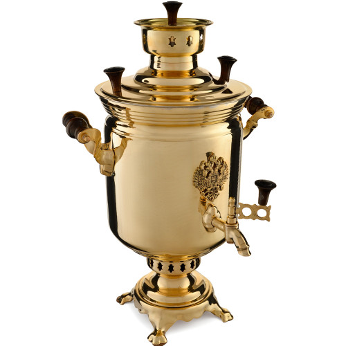 Самовар на дровах 5 литров формы «Банка с гербом РФ», золотой, категория «Люкс» Самовар на дровах 5 литров формы «Банка с гербом РФ», золотой, категория «Люкс»