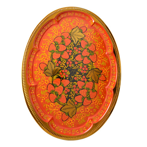 Поднос для самовара овальный с художественной росписью «Клубника в зелени №2 на красном»