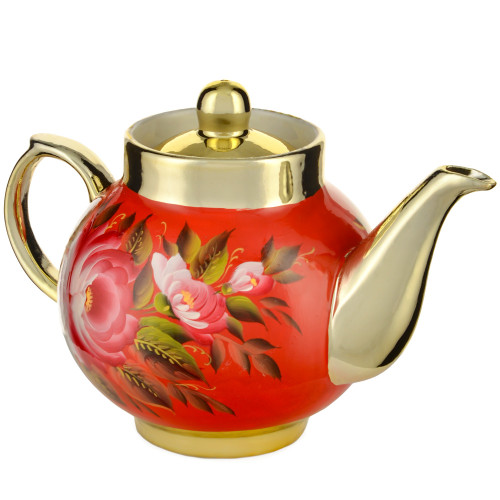 Чайник заварочный для самовара с художественной росписью «Пионы на красном в золоте»
