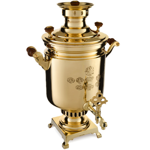 Самовар антикварный на дровах 7 литров формы «Банка» Н.И. Баташева с медалями, золотистый