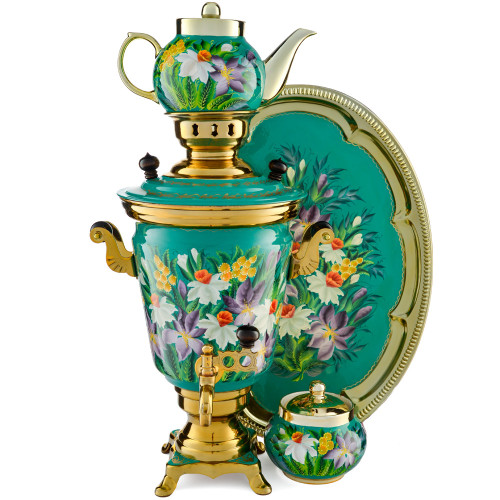 Самовар электрический 3 л.в наборе из 4 предметов с худ.росписью «Пиона на зелёном в золоте» 