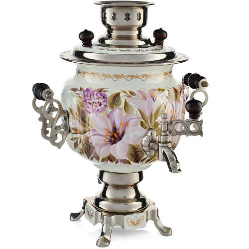 Самовар электрический 3 литра с художественной росписью «Лилии на белом в серебре» формы «Овал»