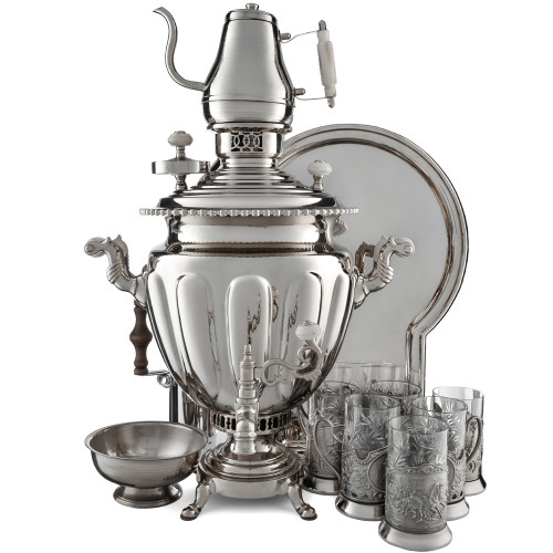Самовар антикварный на дровах 6,5 л. формы «Ваза дольная», фурнитура кость, в наборе из 17 предметов