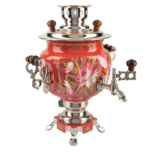 Самовар электрический 3 литра с художественной росписью «Пионы на красном в серебре» формы «Овал»