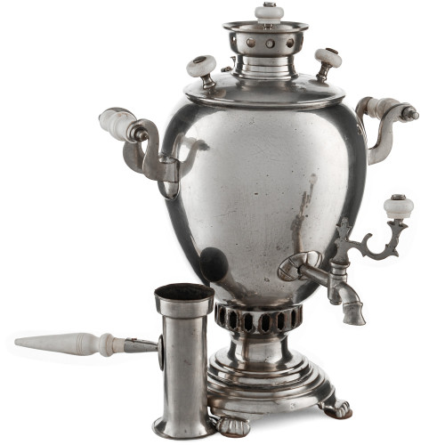 Самовар антикварный на дровах «Эгоист» 1,5 литра формы «Яйцо» Маликова, с трубой, серебристый