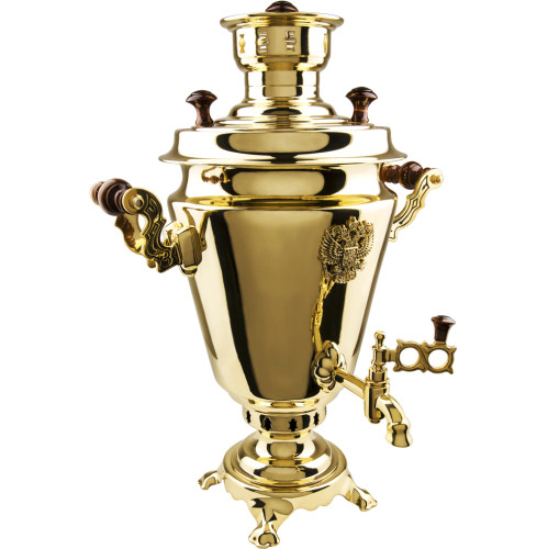 Самовар на дровах 5 литров формы «Рюмка с гербом РФ», золотой, категория «Люкс»