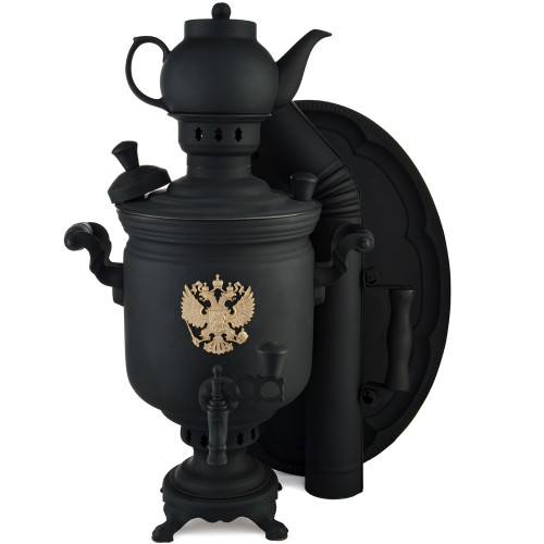 Самовар на дровах 5 литров формы «Банка с гербом РФ», в наборе из 4 предметов, «Графит»