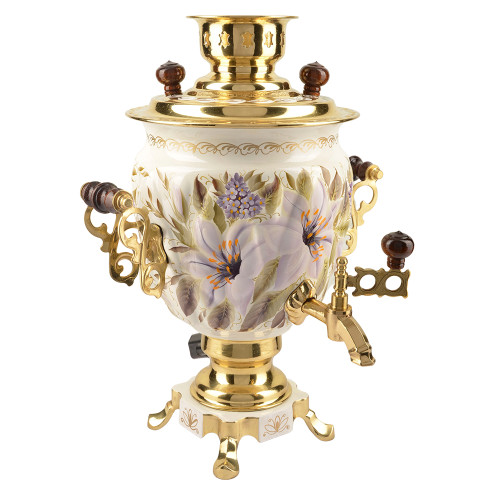 Самовар электрический 3 литра с художественной росписью «Лилии на белом в золоте» формы «Жёлудь»