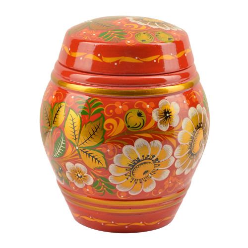 Баночка деревянная для меда или варенья с художественной росписью «Ромашки на красном»