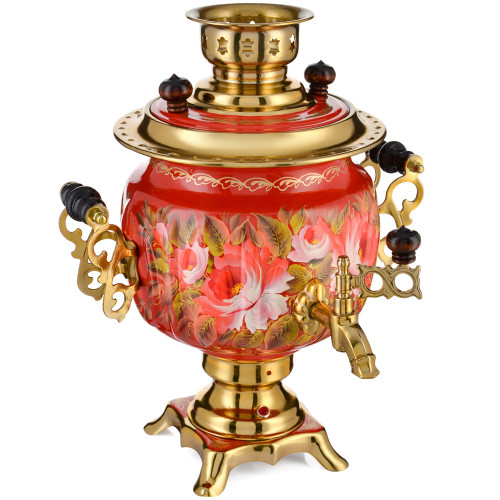 Самовар электрический 3 л с автоотключением, худ.росписью «Пионы на красном в золоте» формы «Овал»