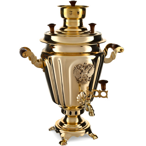 Самовар комбинированный 5 литров формы «Рюмкас гербом РФ», золотой, категория «Люкс»