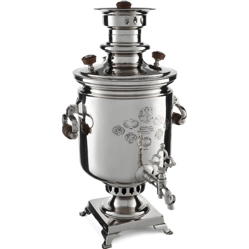 Самовар антикварный на дровах 6,5 литров формы «Банка» Н.И. Баташева с медалями, серебристый