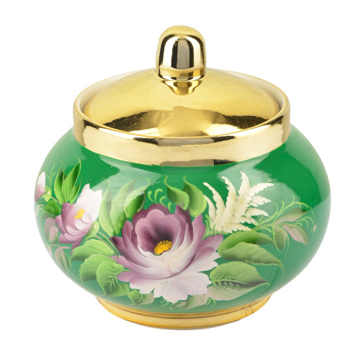 Сахарница с художественной росписью «Пионы на зелёном в золоте» 