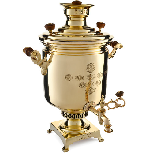 Самовар антикварный на дровах 8,5 литра формы «Банка» Н.И. Баташева с медалями, золотистый