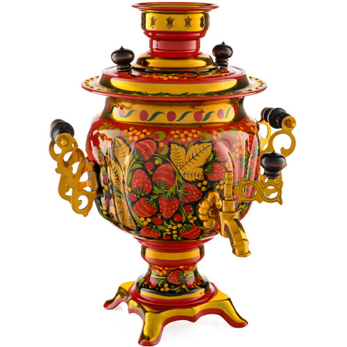 Самовар электрический 3 л. с художественной росписью «Клубника в зелени №2 на красном» формы «Овал»