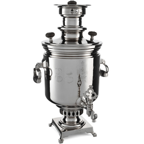 Самовар антикварный комбинированный 6 л. формы «Банка» Баташевых с медалями, с трубой, серебристый