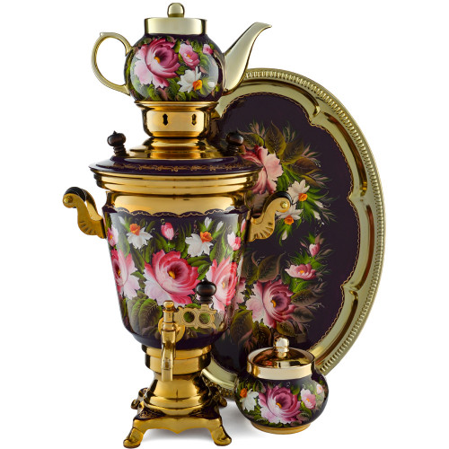 Самовар электрический 4 л.в наборе из 4 предметов с худ.росписью «Букет на фиолетовом в золоте» 