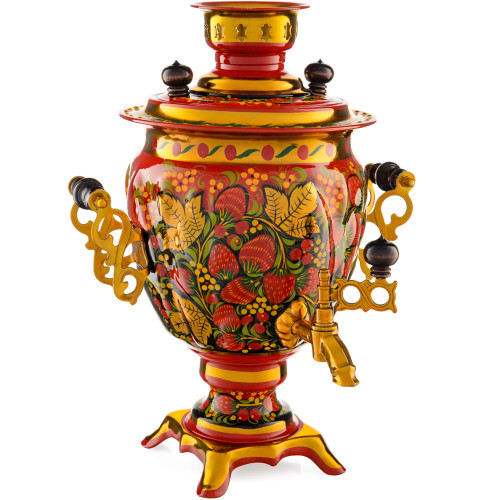 Самовар электрический 3 л. с художественной росписью «Клубника в зелени №2 на красном» формы«Жёлудь»