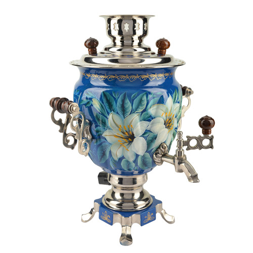 Самовар электрический 3 литра с художественной росписью «Лилии на синем» формы «Жёлудь»