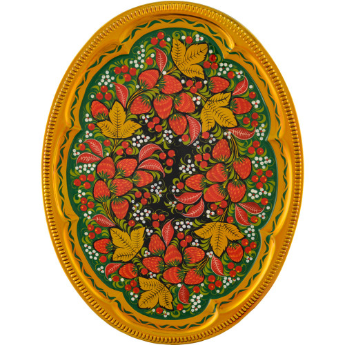 Поднос для самовара овальный с художественной росписью «Клубника в зелени №2 на зелёном»