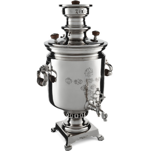 Самовар антикварный на дровах 7,5 литров формы «Банка» Н.И. Баташева с медалями, серебристый 