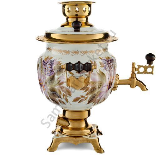 Самовар электрический 3 литра с художественной росписью «Лилии на белом в золоте» формы «Овал» 