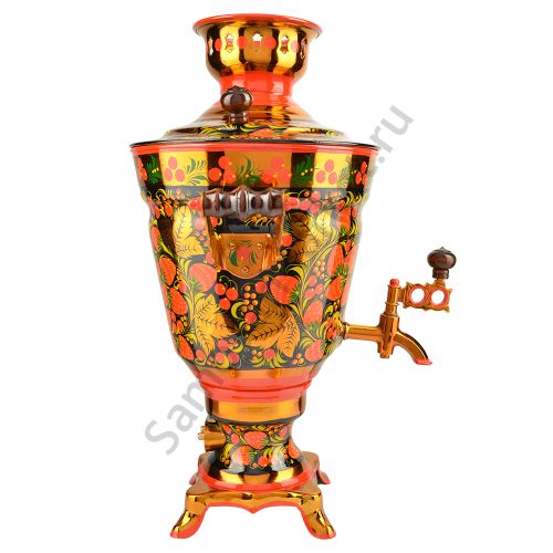 Самовар электрический 3 литра с художественной росписью «Клубника в зелени №2» формы «Рюмка гладкая»