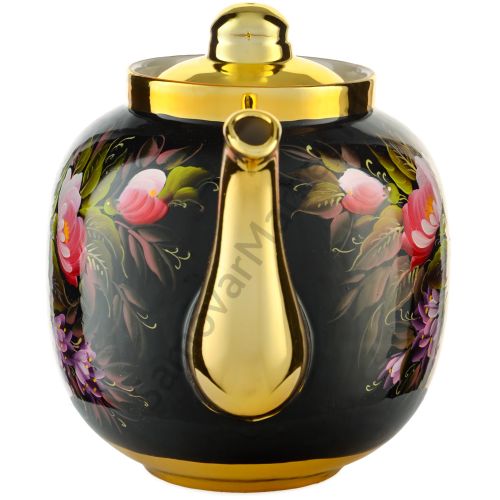 Чайник большой заварочный для самовара с художественной росписью «Пионы на чёрном в золоте»