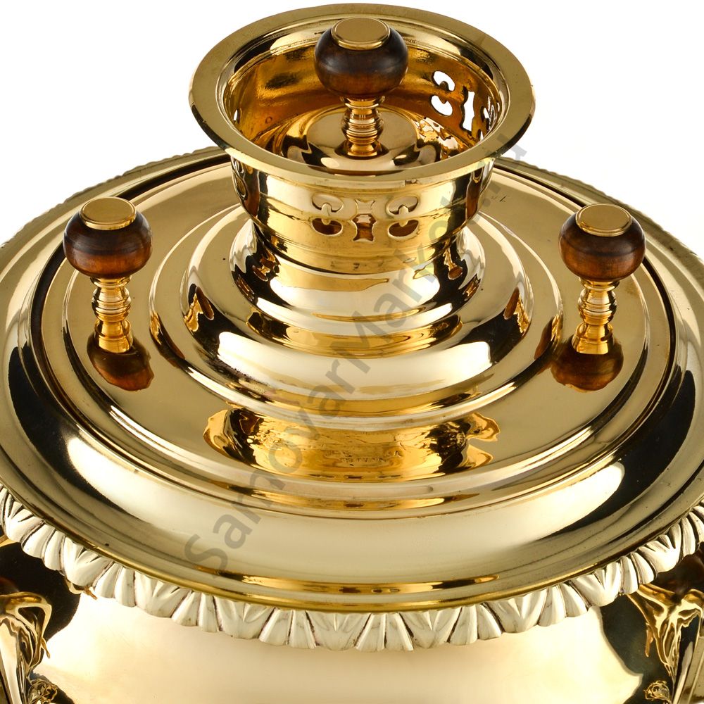 Самовар антикварный на дровах 7,5л. формы «Рюмка с редкими византийскими колоннами» Баташева,золотой Самовар антикварный на дровах 7,5л. формы «Рюмка с редкими византийскими колоннами» Баташева,золотой