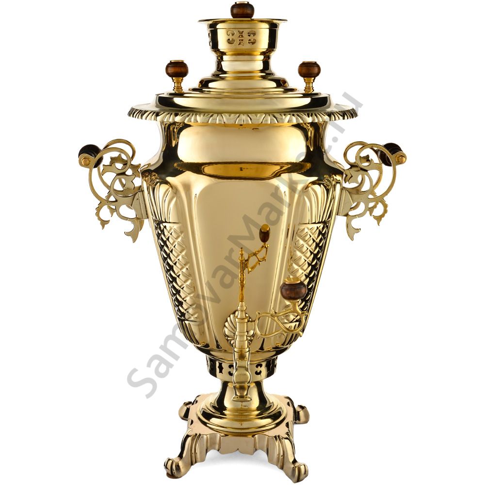 Самовар антикварный на дровах 7,5л. формы «Рюмка с редкими византийскими колоннами» Баташева,золотой Самовар антикварный на дровах 7,5л. формы «Рюмка с редкими византийскими колоннами» Баташева,золотой