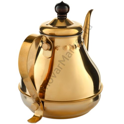 Чайник заварочный 1 литр фигурный с деревянной фурнитурой, золотистый