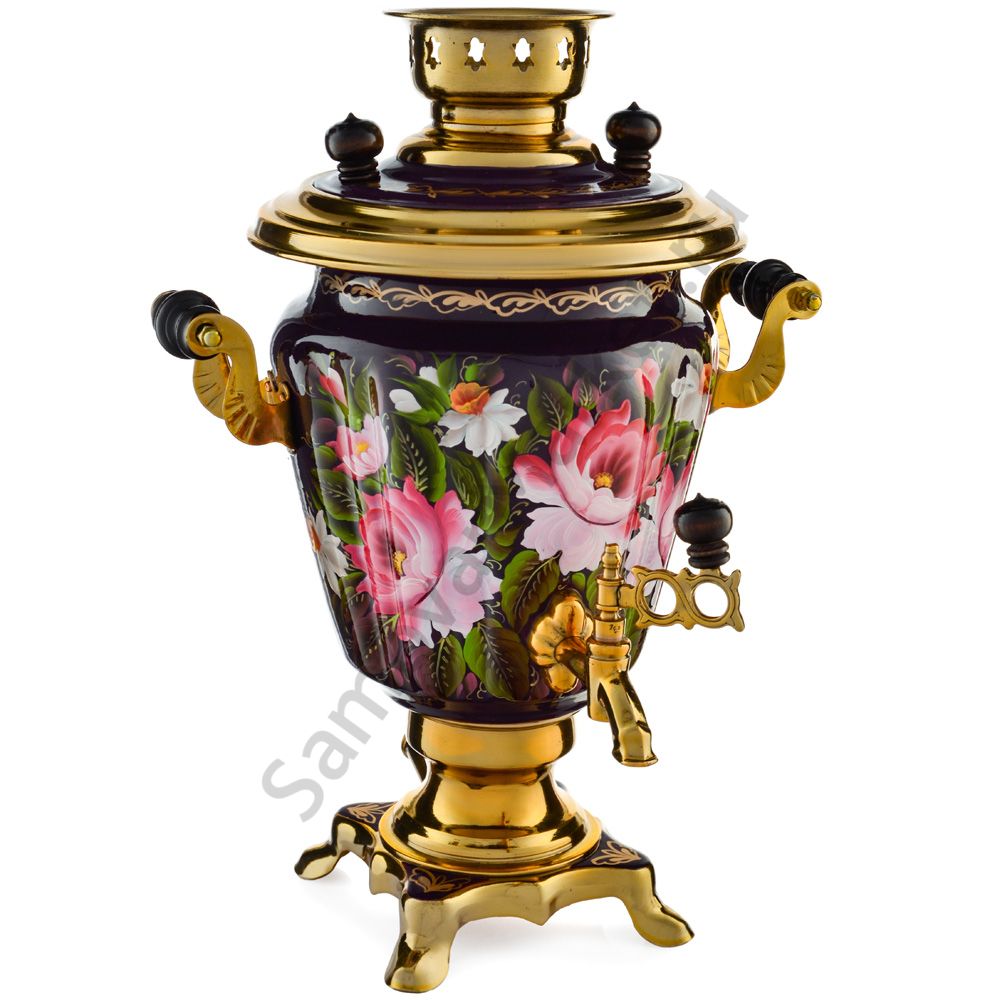 Самовар электрический 3 литра с художественной росписью «Букет на фиолетовом в золоте» формы «Рюмка» Самовар электрический 3 литра с художественной росписью «Букет на фиолетовом в золоте» формы «Рюмка»