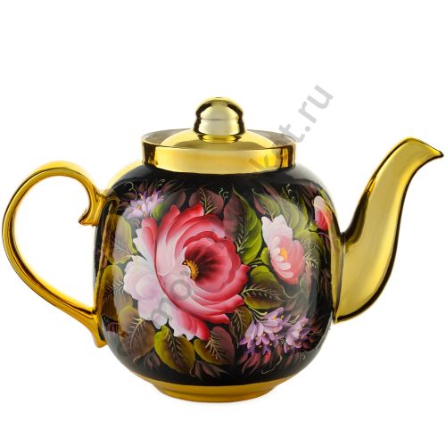Чайник большой заварочный для самовара с художественной росписью «Пионы на чёрном в золоте»
