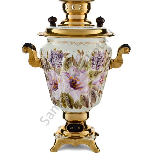 Самовар электрический 3 литра с художественной росписью «Лилии на белом в золоте» формы «Рюмка»