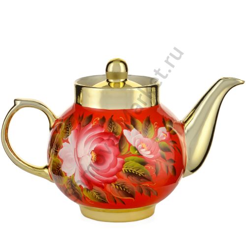 Чайник заварочный для самовара с художественной росписью «Пионы на красном в золоте»