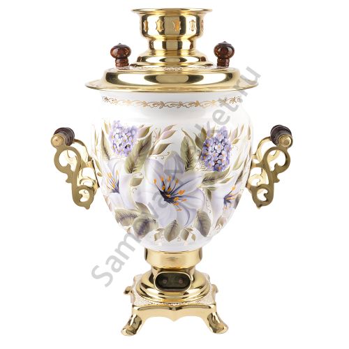 Самовар электрический 3 литра с художественной росписью «Лилии на белом в золоте» формы «Жёлудь»