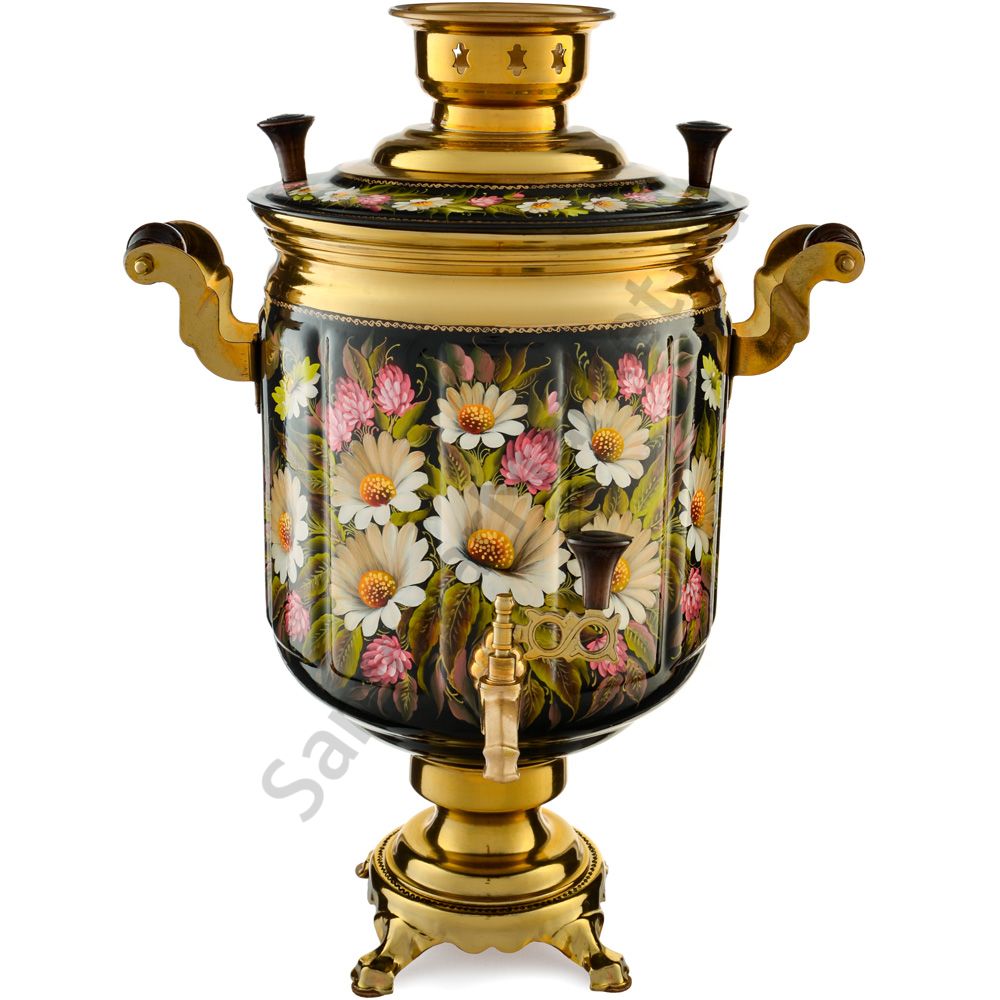 Самовар электрический 10 л. с художественной росписью «Ромашки с клевером на чёрном» формы «Банка» Самовар электрический 10 л. с художественной росписью «Ромашки с клевером на чёрном» формы «Банка»