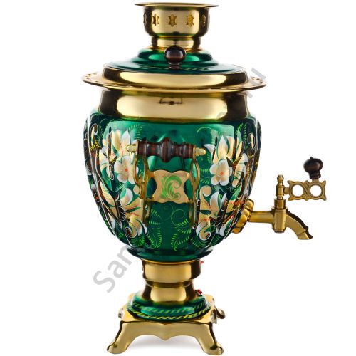 Самовар электрический 3 литра с автоотключением, худ. росписью «Кудрина зелёная» формы «Жёлудь»