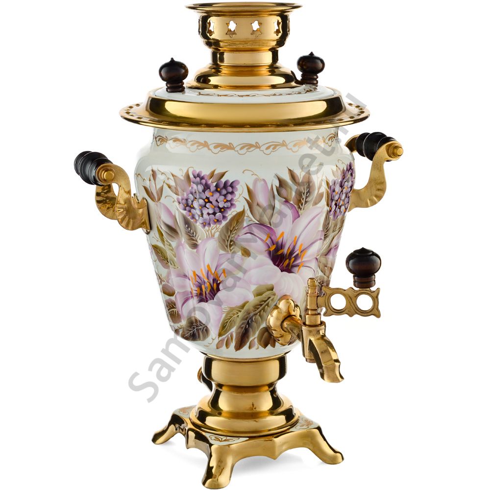 Самовар электрический 3 литра с художественной росписью «Лилии на белом в золоте» формы «Рюмка» Самовар электрический 3 литра с художественной росписью «Лилии на белом в золоте» формы «Рюмка»