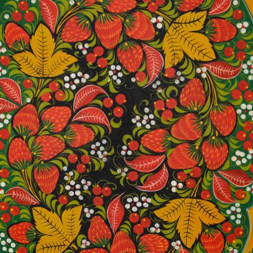 Поднос для самовара овальный с художественной росписью «Клубника в зелени №2 на зелёном»