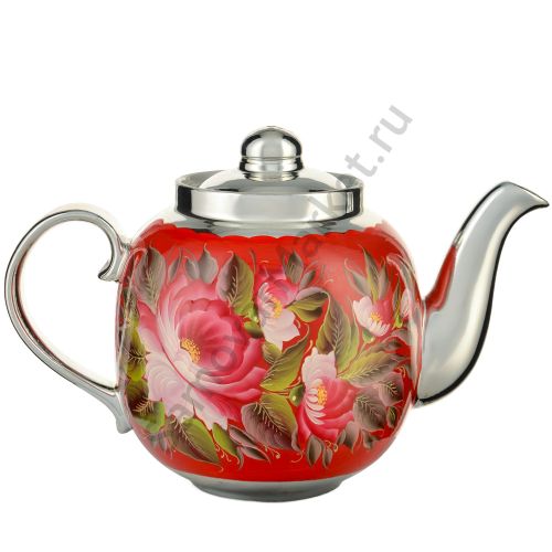 Чайник большой заварочный для самовара с художественной росписью «Пионы на красном в серебре» 