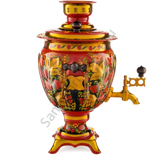 Самовар электрический 3 л. с художественной росписью «Клубника в зелени №2 на красном» формы«Жёлудь»