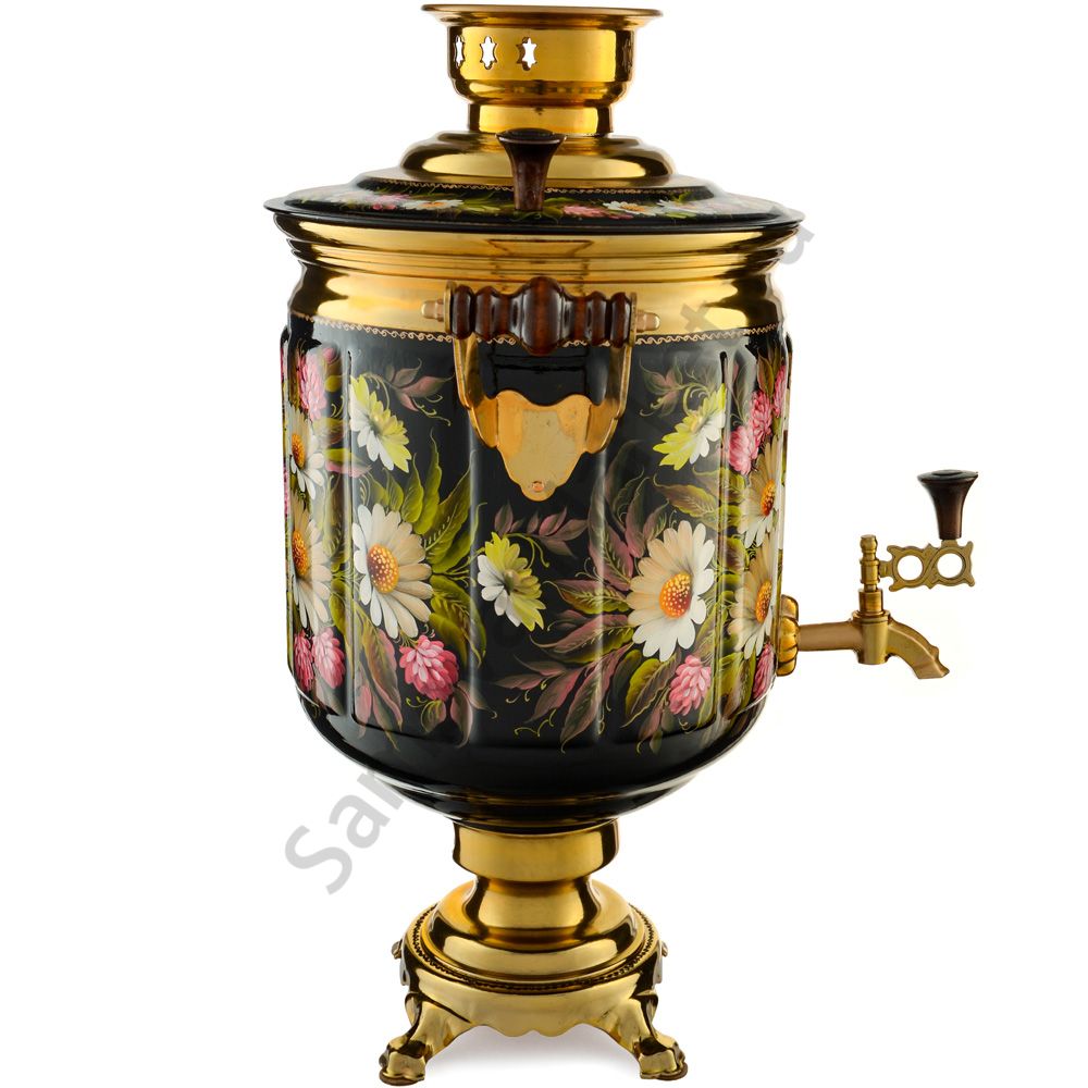 Самовар электрический 10 л. с художественной росписью «Ромашки с клевером на чёрном» формы «Банка» Самовар электрический 10 л. с художественной росписью «Ромашки с клевером на чёрном» формы «Банка»