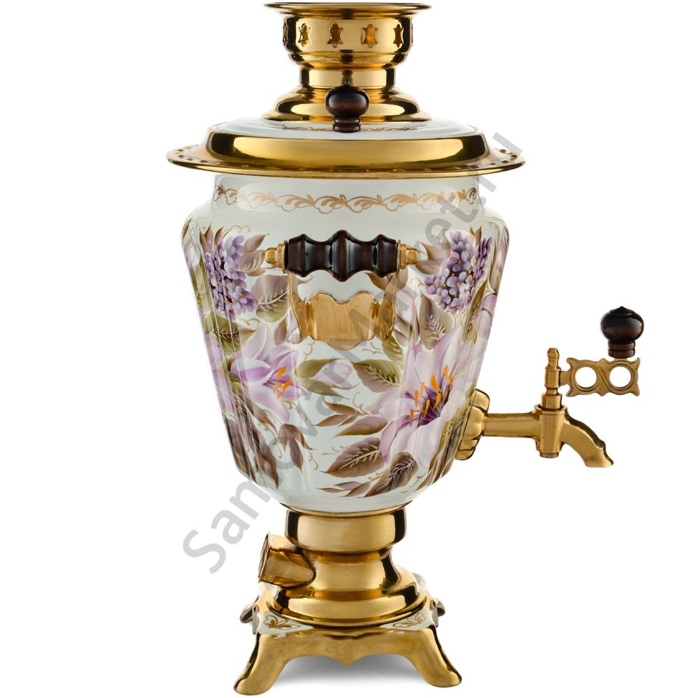 Самовар электрический 3 литра с художественной росписью «Лилии на белом в золоте» формы «Рюмка» Самовар электрический 3 литра с художественной росписью «Лилии на белом в золоте» формы «Рюмка»