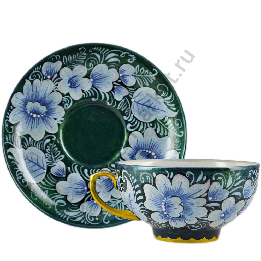 Чайная пара с художественной росписью «Пионы на изумрудном» Чайная пара с художественной росписью «Пионы на изумрудном»