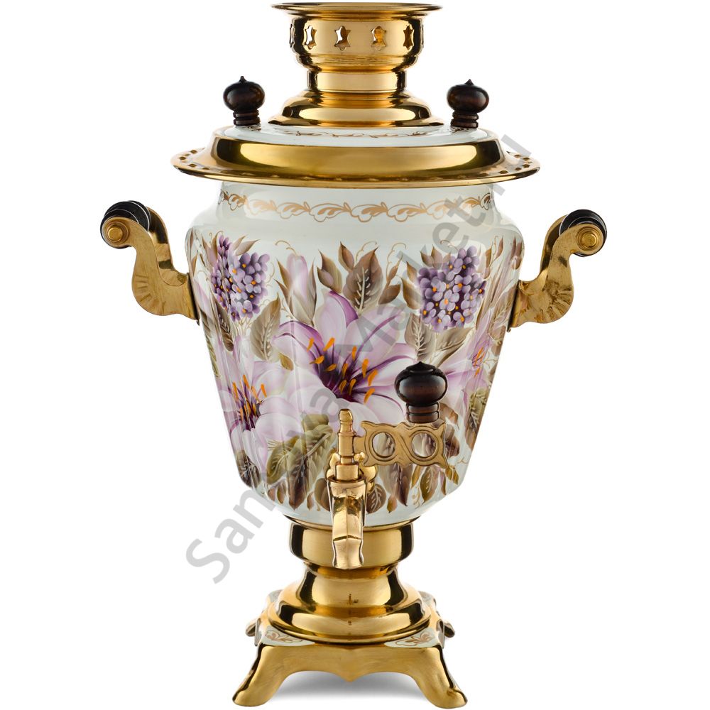 Самовар электрический 3 литра с художественной росписью «Лилии на белом в золоте» формы «Рюмка» Самовар электрический 3 литра с художественной росписью «Лилии на белом в золоте» формы «Рюмка»