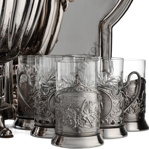 Самовар антикварный на дровах 6,5 л. формы «Ваза дольная», фурнитура кость, в наборе из 17 предметов